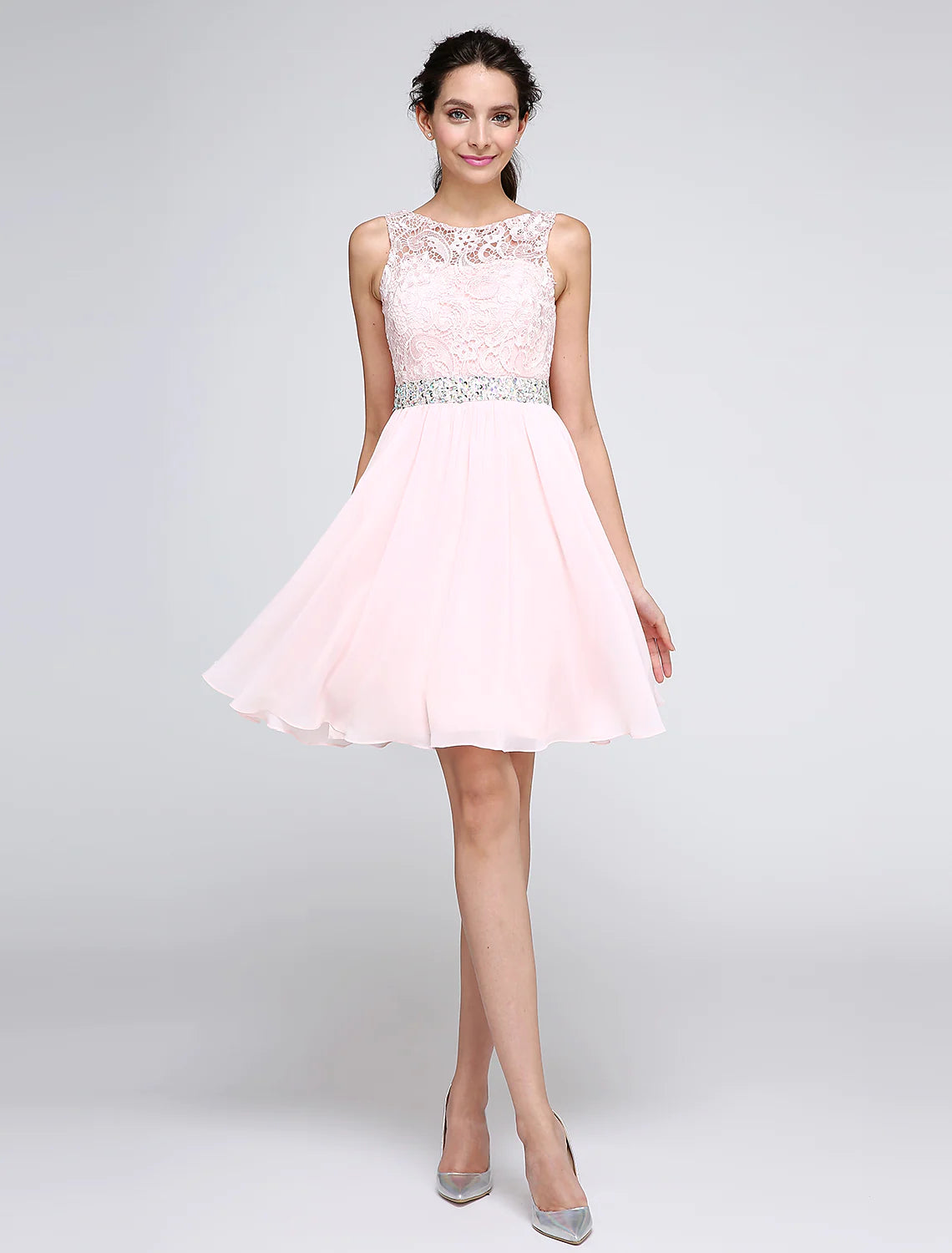 A-Linie Kleider für besondere Anlässe Partykleid Homecoming Kurz/Mini Ärmellos Illusionsausschnitt Chiffon V-Rücken Tiefer Rücken mit Kristallen